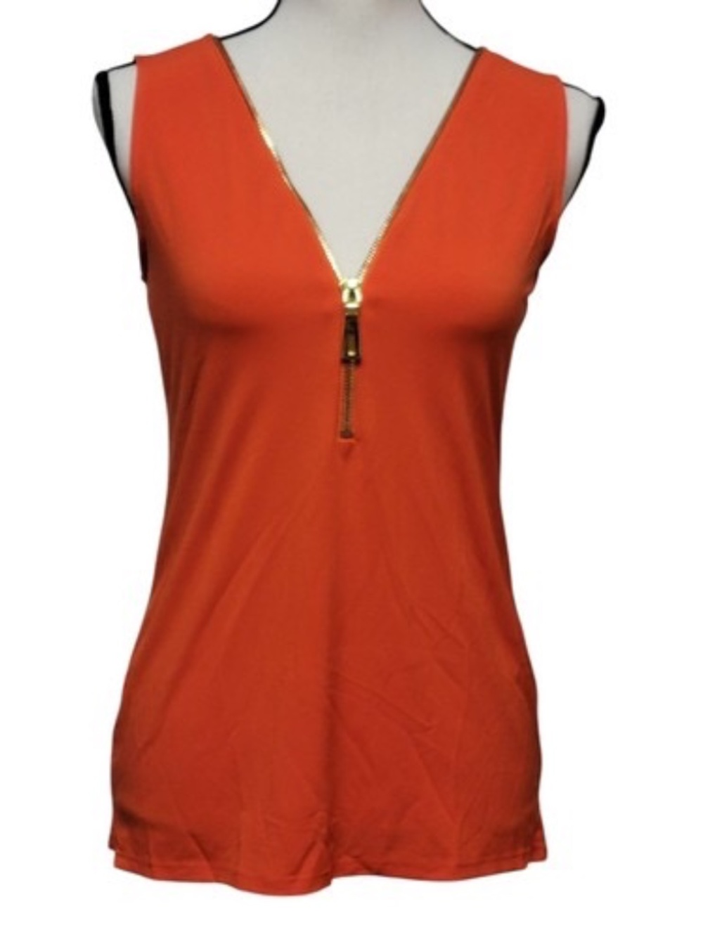 Carmen Marc Valvo Orange Sleeveless V-Neck Tank with Gold Zipper